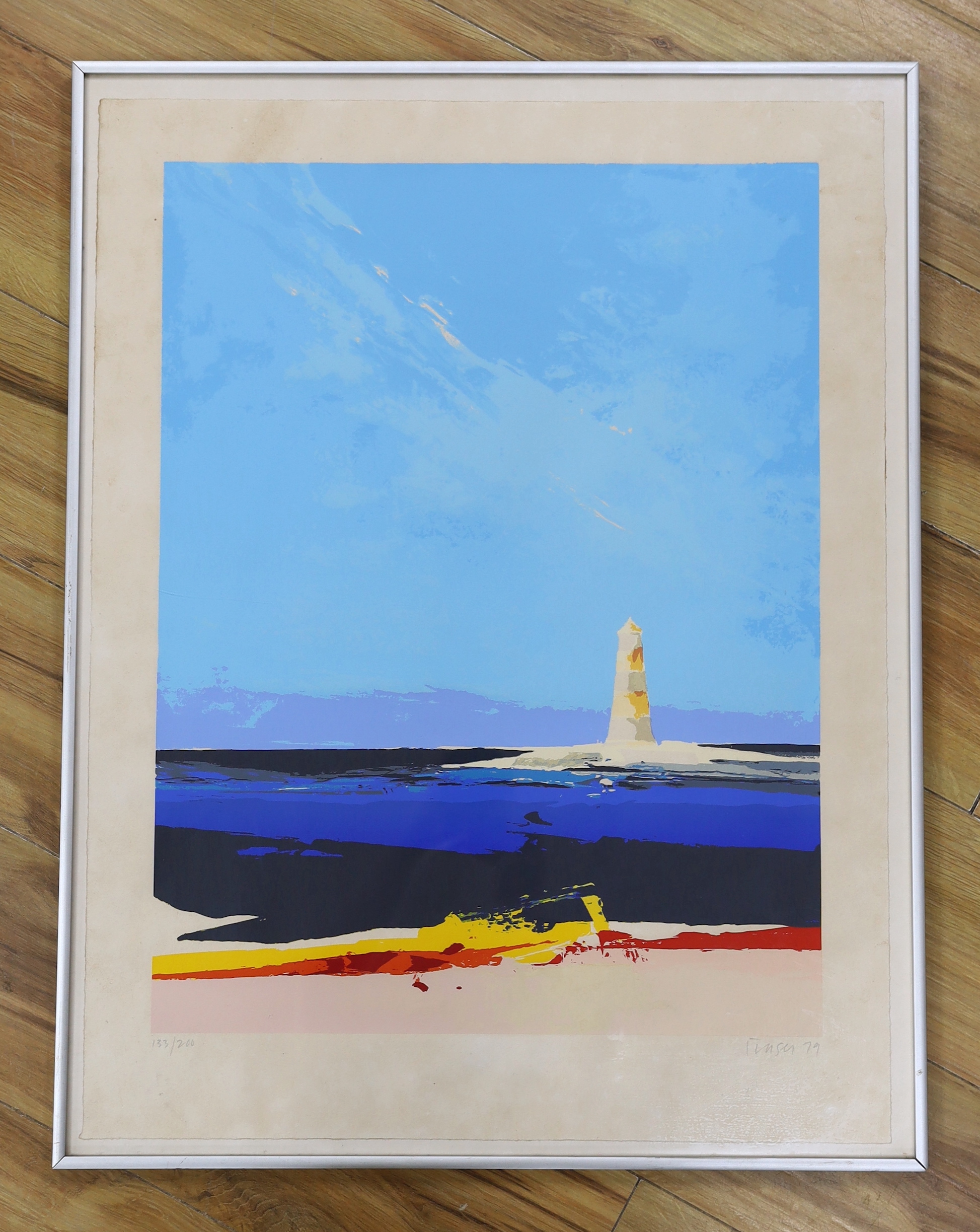 Donald Hamilton Fraser (1929-2009), limited edition colour screenprint, Coastal landscape with lighthouse, signed and dated '79, 133/200, sheet overall 70 x 53cm